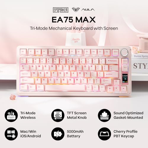 Image of EPOMAKER X Aula EA75 MAX 75% Wireless Gaming Keyboard with Screen & Rotary Knob, Hot Swap, PBT Keycaps, Creamy Gasket, RGB Mechanical Keyboard, US Layout (Pink, Reaper Switch)