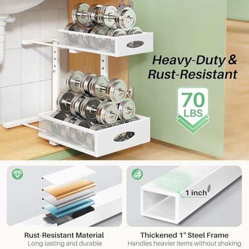 Image of Under Sink Organizer, 2-Pack Pull Out Cabinet Organizer 2 Tier Metal Slide Out Storage Shelf Rack, L-Shaped Adjustable Height,Mesh Sliding Drawer for Kitchen, Bathroom, Laundry, Pantry, White, XL