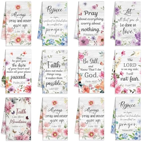 Ganeen 20 Pcs Religious Christian Kitchen Towel Floral Bible Verse Dish Towels Absorbent Inspirational Scripture Hymn Tea Towel Christian Gift for Women Men Housewarming (Flower)