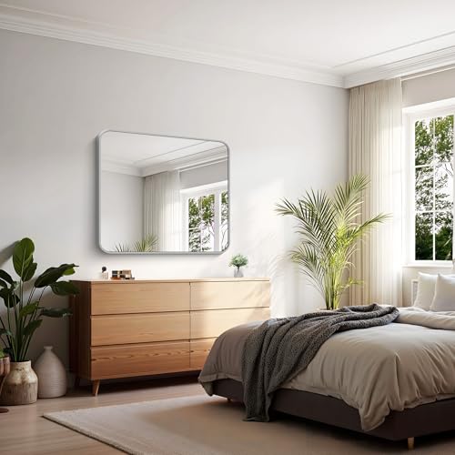 Image of KOCUUY Silver Bathroom Mirror, 30x36 Inch Bathroom Mirror for Over Sink, HD Tempered Glass, Anti-Rust Brushed Silver Frame, Rounded Corner Modern Design for Bathroom, Hang Horizontal /Vertical