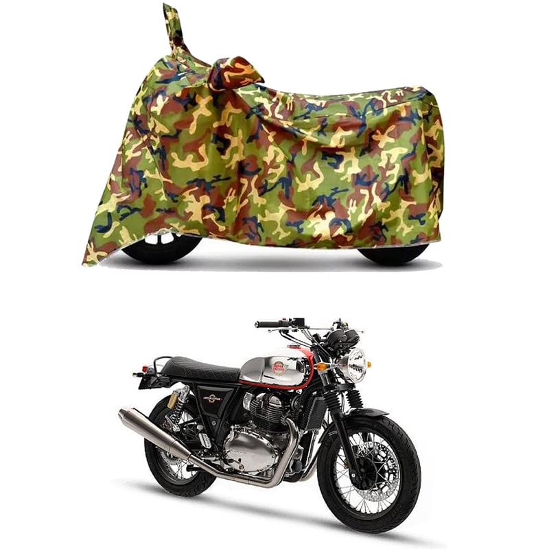 Image of Waterproof 100% PVC Coated Bike Scooty Two Wheeler Body Cover Compatible for Royal Enfie Interceptor 650 Strip /Heat Protection /Birds Dropping /Scratchproof /Dust Proof [6X6 Jungle Print]