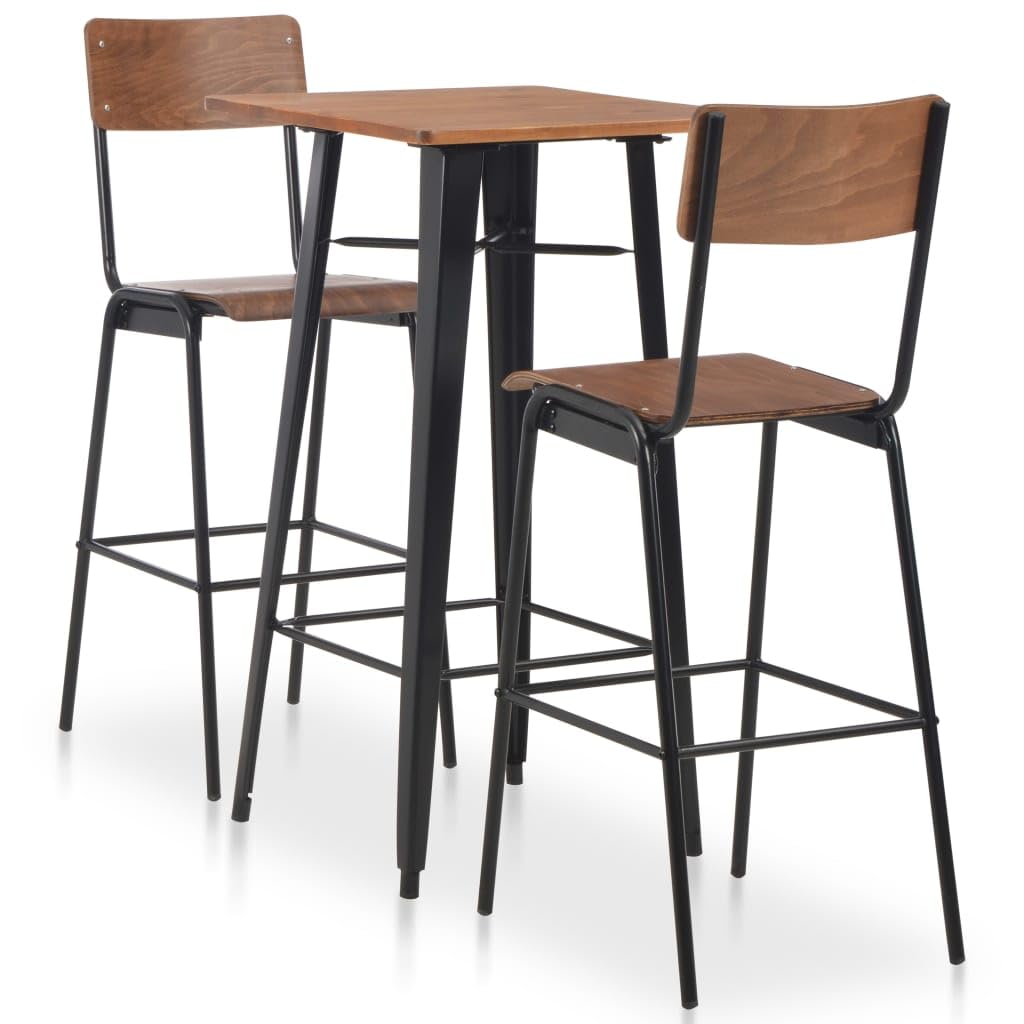 Ensemble de bar 3 pièces en acier marron noir avec plateau de table en pin massif et pieds en acier revêtu par pulvérisation, chaises de bar empilables, peu encombrant