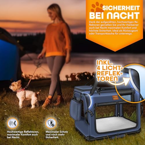 TRESKO® Hundebox faltbar inkl. Leckmatte, Spatel & Reflektoren M 61x42x42cm | Transportbox für Hunde und Katzen | Hundetransportbox Auto für kleine & große Hunde | Hundetasche robust Navyblau