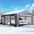 GARTOO Upgrade 12' x 20' Heavy Duty Carport - Extra Large Outdoor Shelter with Roll-up Ventilated Windows & Side Doors, Portable Garage for Car Truck Auto Motorcycle Boat Outdoor Events Party, Gray