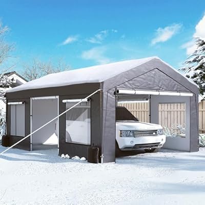 GARTOO Upgrade 12' x 20' Heavy Duty Carport - Extra Large Outdoor Shelter with Roll-up Ventilated Windows & Side Doors, Portable Garage for Car Truck Auto Motorcycle Boat Outdoor Events Party, Gray