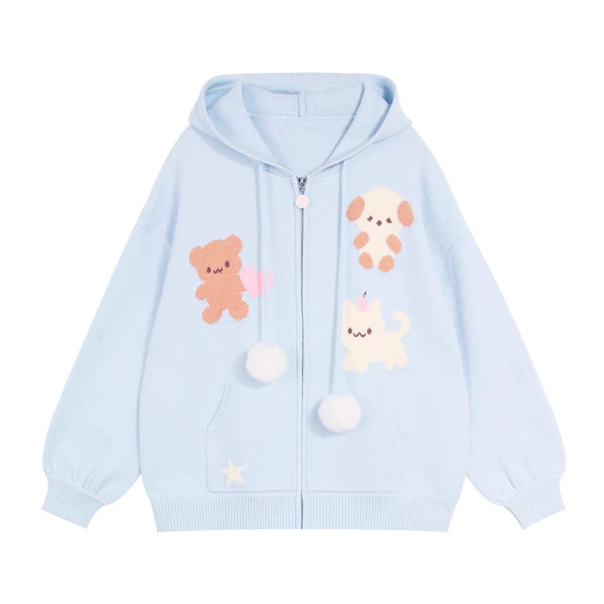 Womens Japanese Kawaii Small Animal Embroidered Zipper Knitted Cardigan Hooded Y2K Jacket top