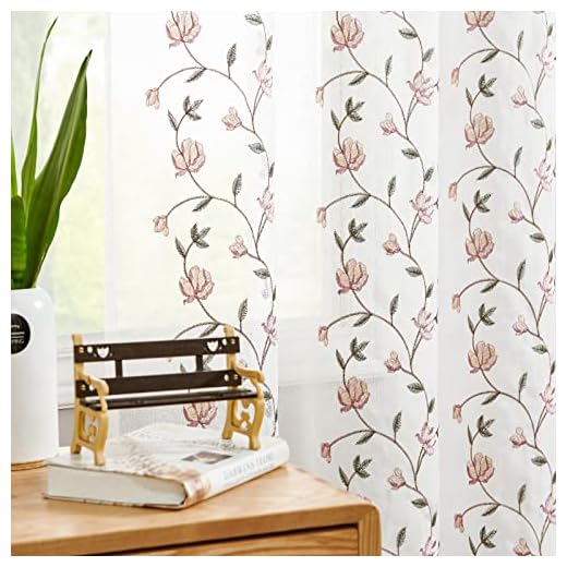 jinchan Floral Embroidered Sheer Curtains for Bedroom Drapes Sheer Curtains for Living Room Embroidery Curtain Panels Rod Pocket 63 inches Long 2 Pieces, Pink