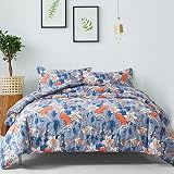 DJY Floral Comforter Set Queen Size Blue Botanical Bedding 3 Pieces, Soft Microfiber Lightweight Com
