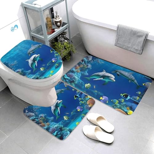 Dwrepo Underwater World Fish dolphi Print Bathroom Rug Set 3 Piece with Non-Slip U-Shaped Contour Mat and Toilet Lid Cover for Bathroom Decoration