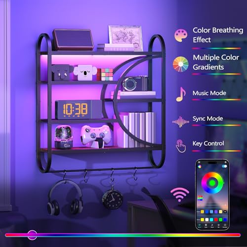 Image of HOOBRO Gaming Floating Shelf with LED Lights, 28.9 inch LED Wall Mounted Shelf, 5-Tier Display Rack for Wall Storage, Floating Rack with Hanging Rod and 4 S-Hooks, Rustic Brown and Black BF50DBJ01