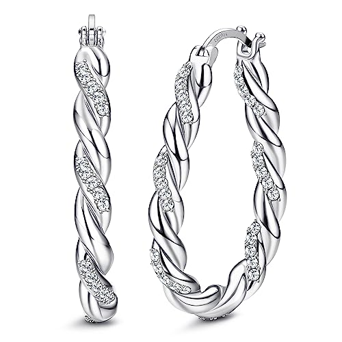 KRFY 925 Sterling Silver Twisted Hoop Earrings With Cubic Zirconia - Hypoallergenic 14K Gold Plated Oval Chunky Hoops for Women Girls - Gold Silver