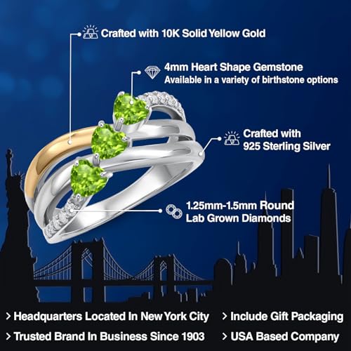 Gem Stone King 925 Silver and 10K Yellow Gold Green Peridot and Lab Grown Diamond Engagement Ring For Women | 0.99 Cttw | Heart Shape Gemstone August Birthstone | Available in Size 5 to 92