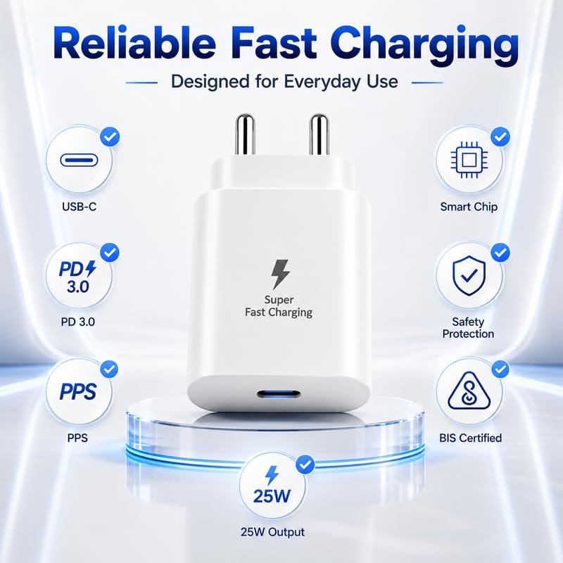 Image of 25W USB-C Fast Charging Adapter Compatible with Samsung Galaxy A54|A27|A14 |A35|A56|M14|M15|M16|M17|M17e|M47|F14|F35|F56| 25 Watt Superfast Charging Travel Adaptor for Type-C Smartphone, White