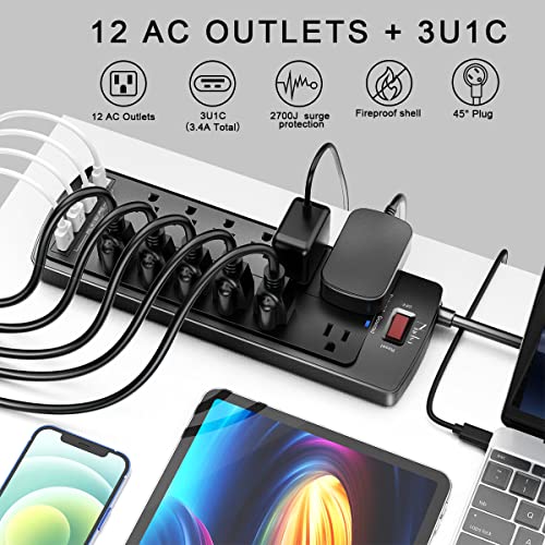 Surge Protector Power Bar, Nuetsa 12 Outlets Power Strip and 4 USB Ports(3U1C), 6Ft Flat Plug Extension Cord (1875W/15A) Dorm Essentials, 2700 Joules, ETL Listed,Black image 1