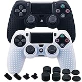MXRC Silicone Rubber Cover Skin Case X 2 Anti-Slip Studded Dots Customize for PS4/SLIM/PRO Controller x 1(Black & Clear) + FPS PRO Stick Cover Thumb Grips x 8 + Dustproof Plug x 4
