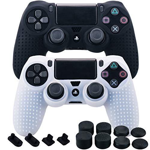 MXRC Silicone Rubber Cover Skin Case X 2 Anti-Slip Studded Dots Customize for PS4 SLIM PRO Controller x 1(Black & Clear) + FPS PRO Stick Cover Thumb Grips x 8 + Dustproof Plug x 4