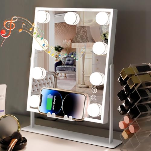 MISAVANITY Vanity Mirror with Lights Hollywood Mirror Lighted Makeup Mirror with Bluetooth and Wireless Charging Touch Control Design 3 Color Lighting Modes Rotated Hollywood Mirror(White)