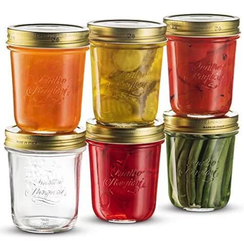 Bormioli Rocco Quattro Stagioni Mason Jar (Set of 6) - 10.75 Oz Wide Mouth Glass Jar with Airtight Twist Lid - Classic Beehive Embossed Design for Canning, Storage & Recipes - Made in Italy, BPA Free