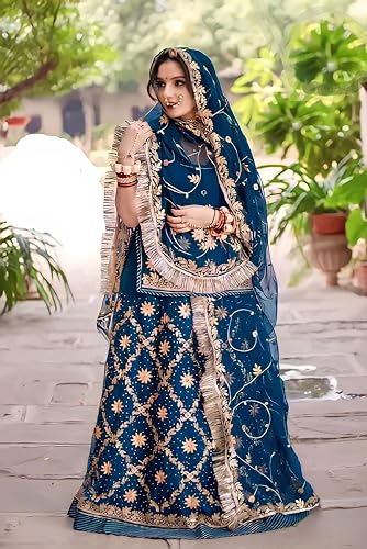 Image of Heavy Embroidery Work Semi Stitched Shimmer Silk Designer Rajputi Poshak For Women Rajasthani Lehenga Choli