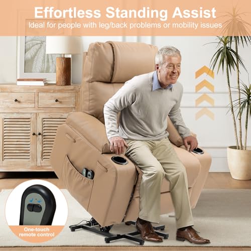 Image of Power Lift Recliner Chair for Elderly, Electric Stand Assist Reclining Chair with Massage and Heat Function, Leather Living Room Furniture, Comfy Single Sofa with Cup Holders, Side Pockets, Brown