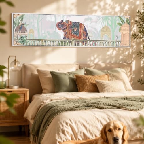 Image of PAINTINGMANTRA Mughal Pichwai Elephant Garden Canvas Wall Art Painting For Living Room, Traditional Indian Cultural Mughal Framed Wall Art Painting For Home, Office 33x119 cm