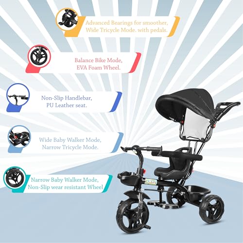 Image of BABY SMILE 4-in-1 Kids Tricycle with Adjustable Canopy, Parent Push Handle, Red and White (Black)