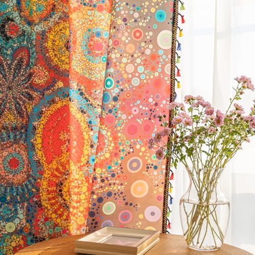 Image of Boho Curtains Geometric Light Filtering Semi-Blackout Window Curtains 63 Inches Long Rod Pocket Drapes for Living Room 2 Panels-Dot Colorful