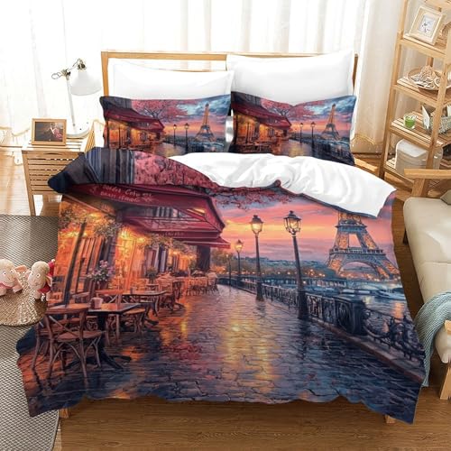Torre Eiffel Bedding Set, Juego De Sábanas De Cama Microfibra Suave, Edredón Y Fundas De Almohada, Ropa De Cama para Niños Y Niñas, Duvet Cover Set Fácil De Cuidar Single（140x200cm）