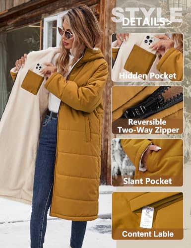 Tuopuda Damen Wintermäntel Lang Winterjacke Warm Winter Fleece Gefüttert Sweatjacke Jacke Mantel Parka Jacket mit Kapuze Teddyfleece Steppjacke Übergangsjacke Winterparka Steppmantel(Rötlich-gelb,XL)