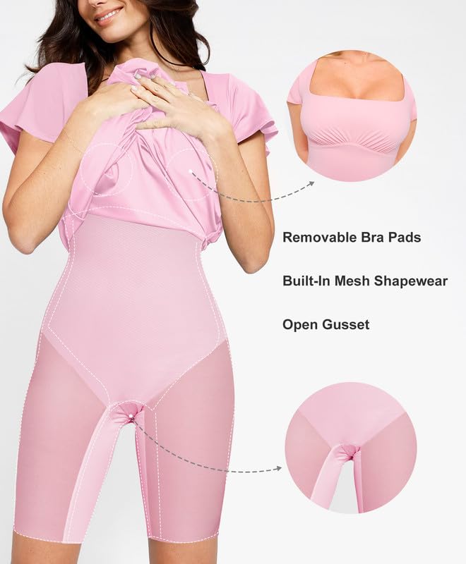 Image of Popilush Formal Dresses for Women - Built in Shapewear Bra Square Neck Short Sleeve A-Line Flowy Midi Wedding Guest Dress