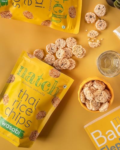 Image of Natch Thai Sticky Rice Chips, 100% Natural with No Artificial Preservatives or Trans Fats, Vegan & Gluten Free, Low Calorie Healthy Chips for Adults & Kids with Low Sodium, 25g each (Pack of 6), Sweet Chilli, Wasabi & Seseme Butter