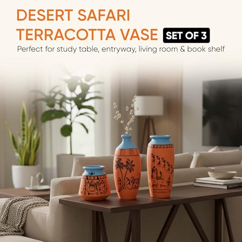 Image of Aakriti Art Creations Desert Safari Terracotta Clay Vase Set of 3 | Handcrafted Warli Art Tribal Decor for Home | Matte Finish Orange Decorative Vases for Living Room, Table Decor & Gifting