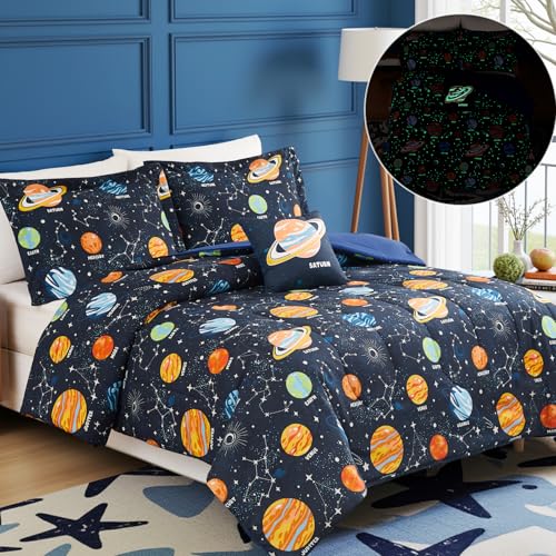 Glow in The Dark Kids Comforter Set Full Size for Boys Girls Teen, Space Bedding Set 1 Comforter, 1 Decor Pillow, 2 Pillow Shams