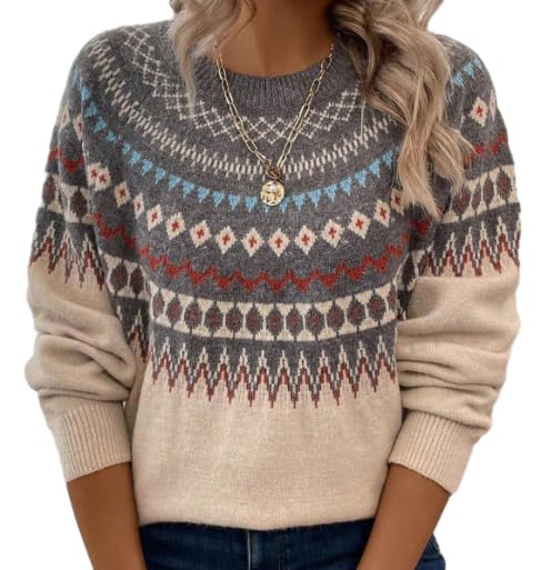 Womens White Blue Fair Isle Knit Sweater Classic Crew Neck Winter Pullover Soft Warm Casual Jumper