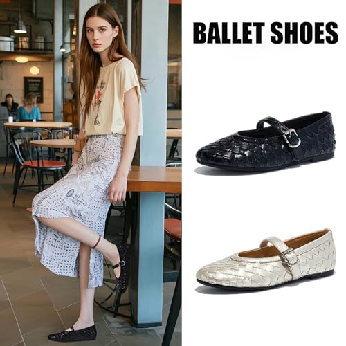 Women's Leather Woven Mary Jane Flats Shoes Comfortable Round Toe with Adjustable Buckle Strap Elegance Ballerina Shoes for Commuting Walking Party3