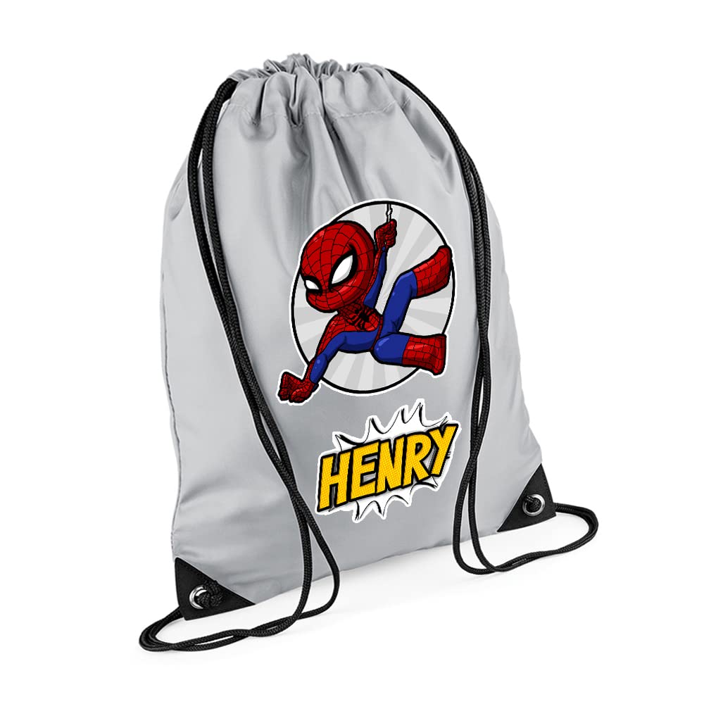 Superhero Bag, Personalised Backpack, Gift For Kids, Boy, Cartton Character Bag, Birthday, Christmas Drawstring Bag, PE Gym Kit Swimming, Sport Rucksack. (Light Grey)