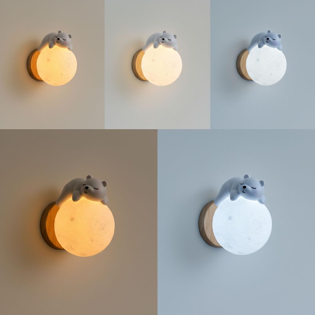 EaEa LED Mond Wandleuchte Kinderzimmer Holz Wandlampe Kreative Schlafende Bär Junge Mädchen Dekorative Nachtlicht 3000K/4500K/6000K Kinder Nachttisch Wandbeleuchtung für Schlafzimmer Babyzimmer, Weiß