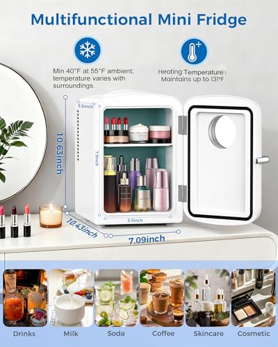 Image of Electactic Mini Fridge for Skincare, 4L /6 Cans Portable Compact Cosmetic Fridge, Desktop Fridge with AC /DC Adapters, Observation Window, Small Cooler and Warmer for Beverage, Makeup, Bedroom, White