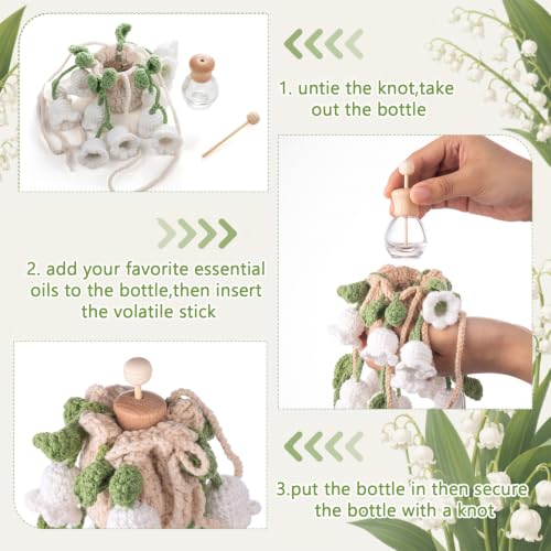 Image of DaisyInner Cute Crochet Plant Car Freshener 12ml Empty Refillable Diffuser Bottle with Plants Hanging Accessories for Ornaments Charms Rearview Mirror Decor Women Gifts (Green, White,Bellflower)