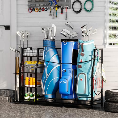 Golf-Bag-Stand-for-Golf-Bag-Accessories-Golf-Bag-Storage-Organizer-Fits-3-Bags-for-Garage-Organization-Golf-Organizer-with-Extra-Storage-Rack-for-Golf-Clubs-Golf-Essentials-Golf-Gifts-for-Men