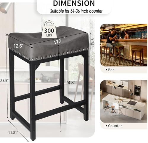 Image of Counter Height Bar Stools Set of 3, Stools for Kitchen Island Set of 3, 24 Inch Counter Stool Saddle Backless Barstools for Kitchen Counter -Grey
