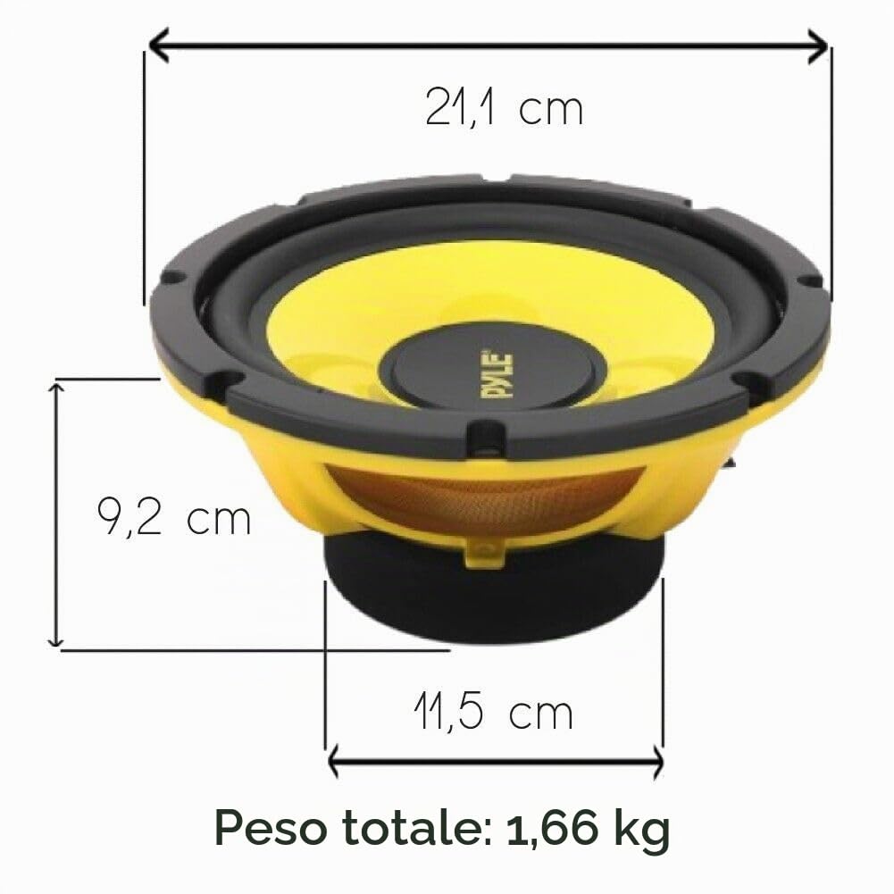 KIT SET PER PYLE PLG81 1 altoparlante woofer midbass da 20 cm 200 mm 8" di diametro, 200 watt rms 400 watt max, 4 ohm, sospensione in gomma, per auto, 1 pezzo