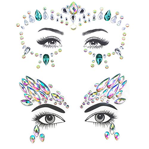 Bowitzki 2 Sets Women Mermaid Face Gems Glitter Rhinestone Festival Face Jewels Crystals Stickers Eyes Body Temporary Tattoos