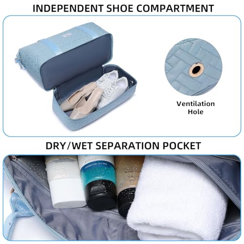 Image of Duffle Bag for Travel, Weekender Bag with Shoe Compartment, Carry On Overnight Bag for Women with Toiletry Bag, Gym Bag with Wet Pocket, Hospital Bags for Labor and Delivery Beige, Blue-Embroidery