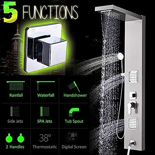 Columna de Ducha para Baño con Panel Termostático, Cabezal de Lluvia y Cascada, Chorros de Hidromasaje, Luz LED Azul y Pantalla Digital de Temperatura miniatura 4