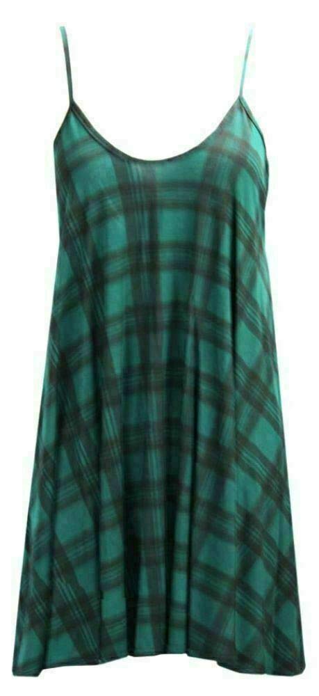 Stylewear Women's Green Tartan Plus Size Plain Printed Strappy Sleeveless Spaghetti Cami Swing Dress