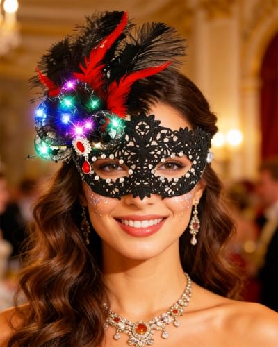 Campsis Light Up Masquerade Mask Led Feather Lace Mask Rhinestone Mardi Gras Masks for Women
