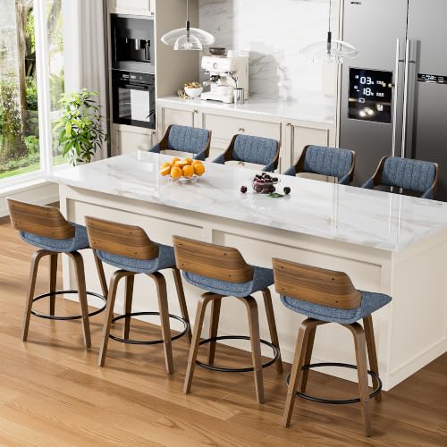 Image of YaFiti Bar Stools Set of 3, 26 inch Swivel Counter Height Barstools with Bentwood Back and Legs, Mid Century Modern Upholstered Fabric Counter Stools for Kitchen Island, Dining Room, Blue