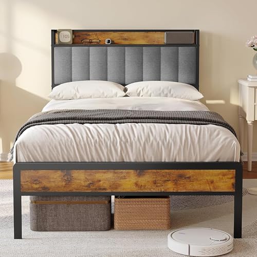 Bealife Cama Tapizada 120x200cm, Base de Cama en Madera y Metal, Plataforma Acolchada, Cama Matrimonial con Cabecero de Listones de Madera (Gris, 120x200cm)