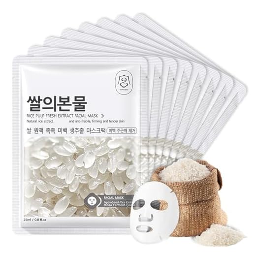 Shefave 8 piezas máscaras de tela coreana máscara facial coreana, máscara facial coreana de arroz máscara de tela de esencia de arroz, mascarilla nutritiva de belleza, tono de piel uniforme, máscara